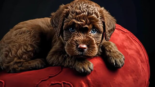 Adorable brown lagotto romagnolo puppy resting on red cushion: studio portrait
