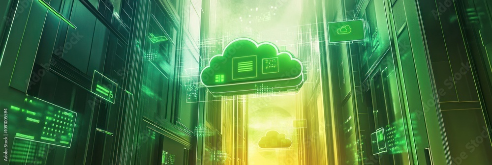Aufkleber a digital representation of cloud technology with green hues and data elements.