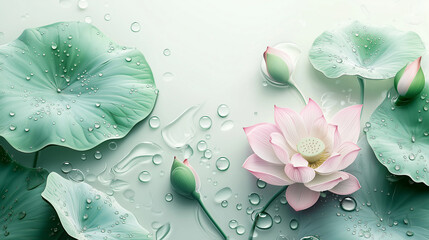 3D illustration, the background is a transparent glass, close-up lotus flowers and leaves in the water with light green tones, light white clouds