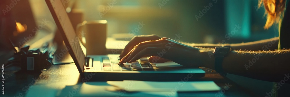 Aufkleber a person typing on a laptop in a warm, illuminated workspace.