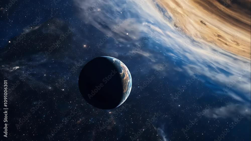 Wall mural slowly rotating planets with a volumetric cosmic background filled with stardust and galactic cluste