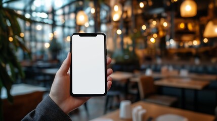 Mockup image of hand holding white mobile phone with blank white screen in cafe