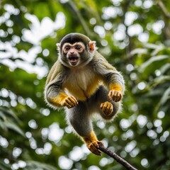 Obraz premium An Amazonian squirrel monkey jumping through trees, isolated on a white background.