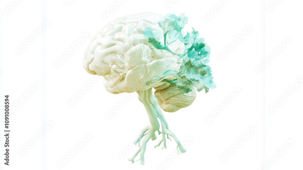 Poster a stylized brain with tree-like structures, symbolizing growth and interconnectedness.