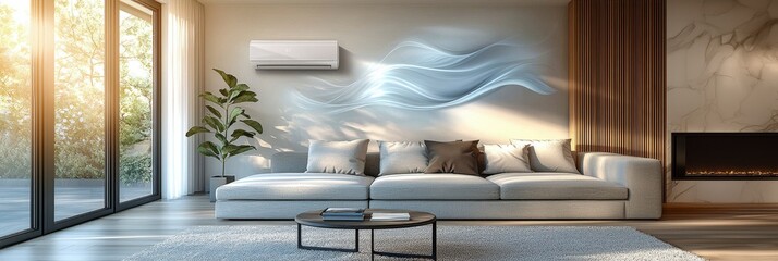 This image showcases a bright lounge area, complete with an air conditioning unit, emphasizing soothing airflow illustrated artistically in a contemporary setting.
