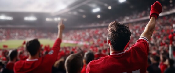 Fans celebrate passionately at a sports event during sunset in a packed stadium