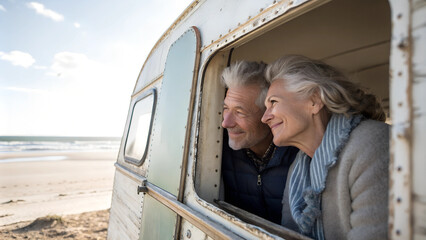 Portrait eines Senioren-Paares, das glücklich lächelnd aus einem alten Wohnwagen hinaus schaut. Im Hintergrund Sand-Strand, Meer und hellblauer Himmel.  Warme sonnige Urlaubs-Atmosphäre
