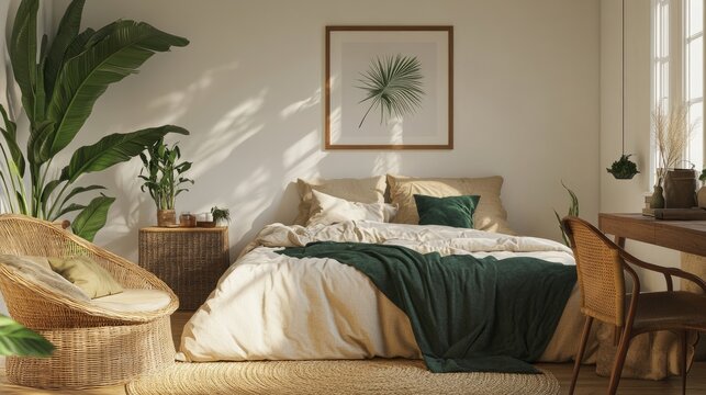 A calm and serene bedroom with a beige bedspread, green throw, and wicker furniture. Sunlight streams in, illuminating the room's peaceful atmosphere.