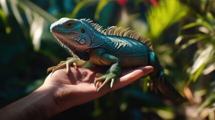Fototapeta premium Stunning Green Iguana on a Hand, Basking in Sunlight