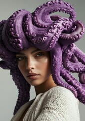 A woman with purple tentacles on her head, hyper-realistic high fashion photography, inspired by octopus or squid.