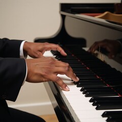 Obraz premium African-American man playing piano in black suit close-up on hands