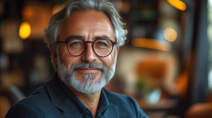 Fototapeta premium Smiling older man with glasses and gray hair in a cozy indoor setting during the day. Generative AI