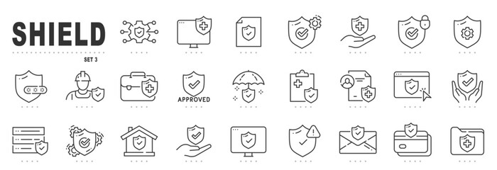 Set of shield line icons. Protection, security, defense, guard etc. Editable stroke. Set 3