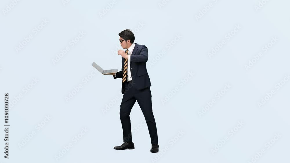 Leinwandbilder ノートパソコン、PC、ビジネスマン、ダンス、踊る、全身、考える、エンジニア、システム、開発、悩む、悩み、課題、トラブル、問題、人材、スーツ、ビジネスパーソン、仕事、DX、クラウド、ソフトウェア、アプリ、SE、切り抜き、コピースペース、ビジネス、メール、男性、日本人、転職、検索、営業、SNS、web、オンライン、インターネット、ステップアップ、スキルアップ、成長、レベルアップ、テクノロジー、眼鏡、E