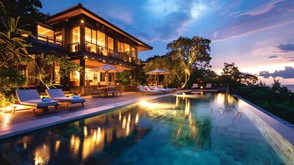 A stunning evening view of a luxurious villa with a pool, surrounded by lush greenery and a serene sunset.