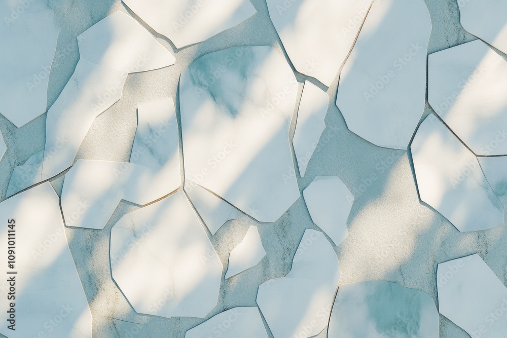 Poster A textured surface of irregular marble-like tiles with soft shadows.