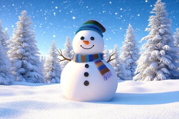 Obraz premium A snowman in the snowy landscape, with pine trees covered in white snow and a blue sky