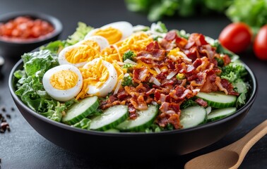 Fresh garden salad with boiled eggs and bacon on a dark table