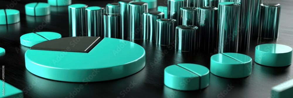 Poster A 3D representation of data visualization elements in turquoise and black.