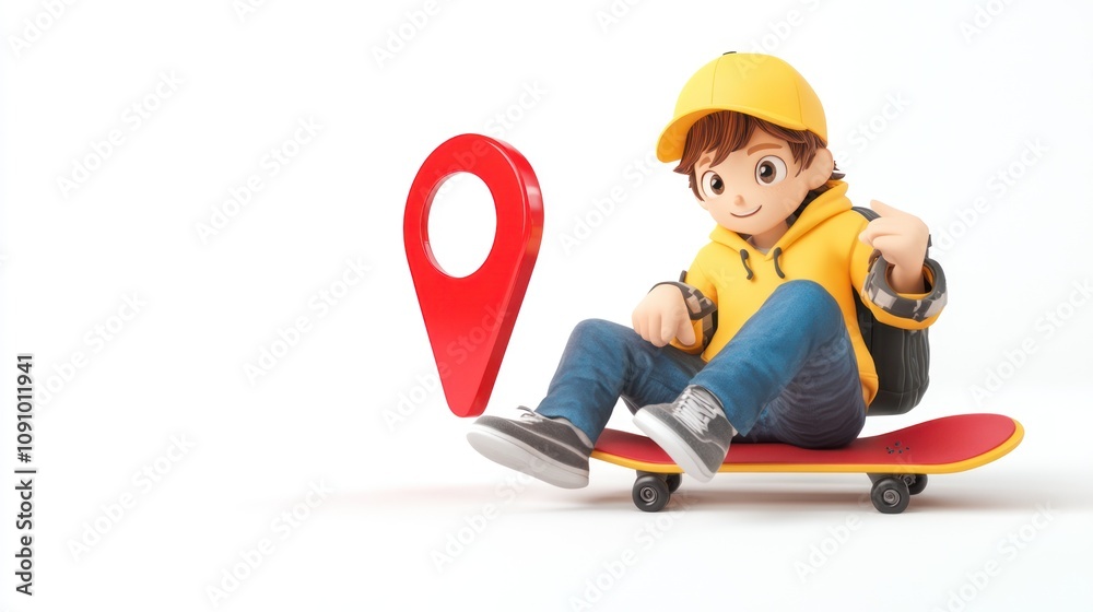 Poster A cartoon character on a skateboard next to a location pin, symbolizing navigation and exploration.