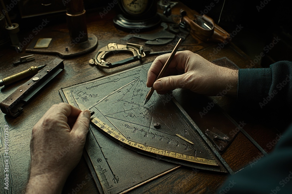 Poster A hand using a drafting tool on a leather-bound surface, surrounded by vintage instruments.
