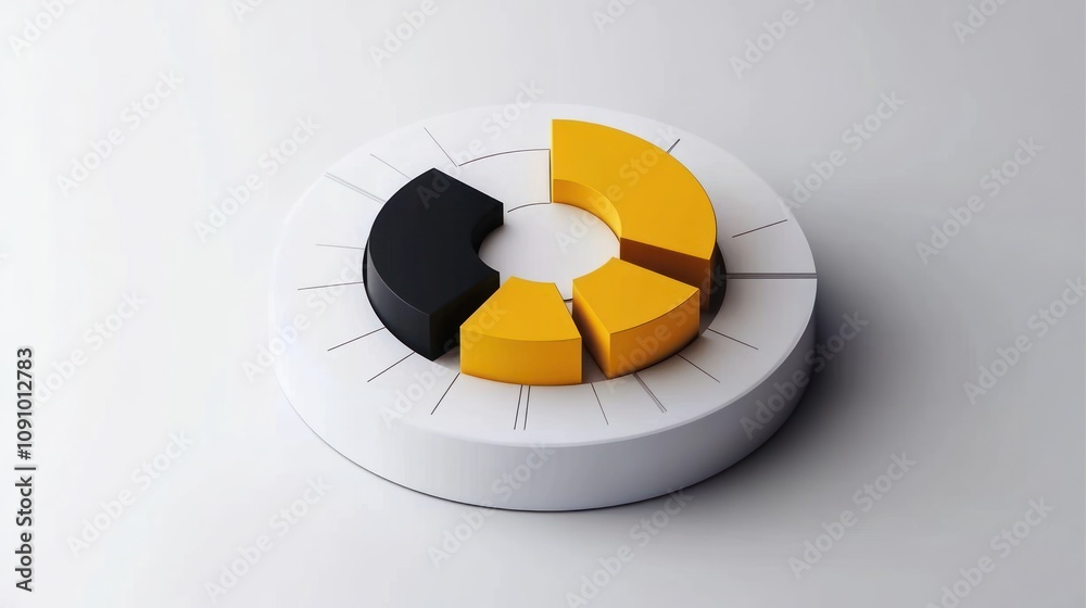 Poster A 3D pie chart design in black and yellow, representing data visualization.