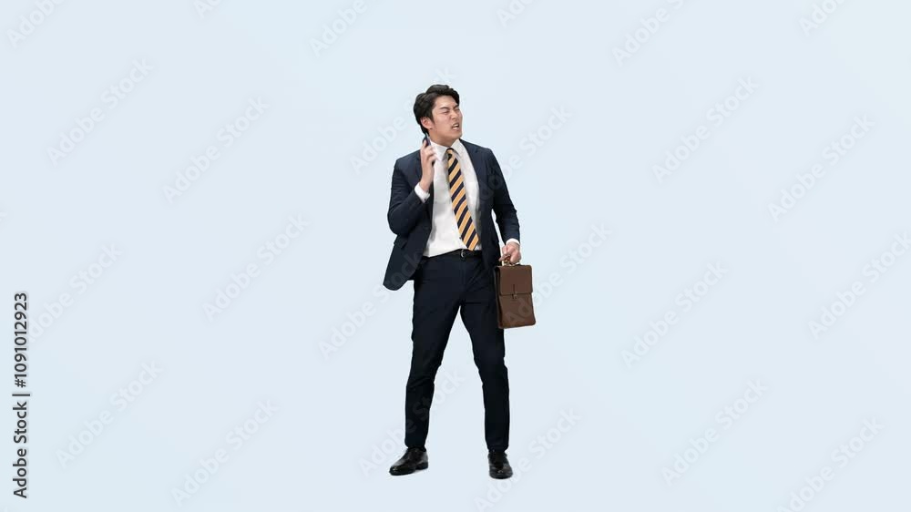 Leinwandbilder ビジネス、忙しい、ビジネスパーソン、上司、管理職、指示、指導、スマホ、スマートフォン、全身、通話、仕事、オフィス、スーツ、人材、男性、日本人、慌てる、焦る、営業、セールスマン、会社員、サラリーマン、ダンス、踊る、ダンサー、パントマイム、アプリ、トラブル、問題、困る、ストレス、失敗、切り抜き、コピースペース、60p、マーケティング、操作、DX、デジタルトランスフォーメーション、経営、リーダー、待ち合