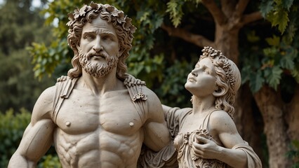 Fototapeta premium Sculpt Dionysus holding a wine cup, standing amidst a grand celebration, set against lush vineyards and joyful crowds, symbolizing the joy and prosperity of the wine god.