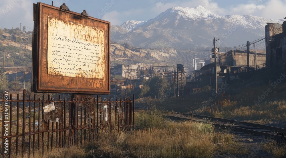 Poster A weathered billboard stands in a desolate landscape with mountains in the background.