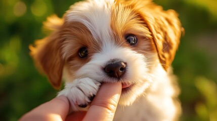Adorable Puppy Playing with a Finger