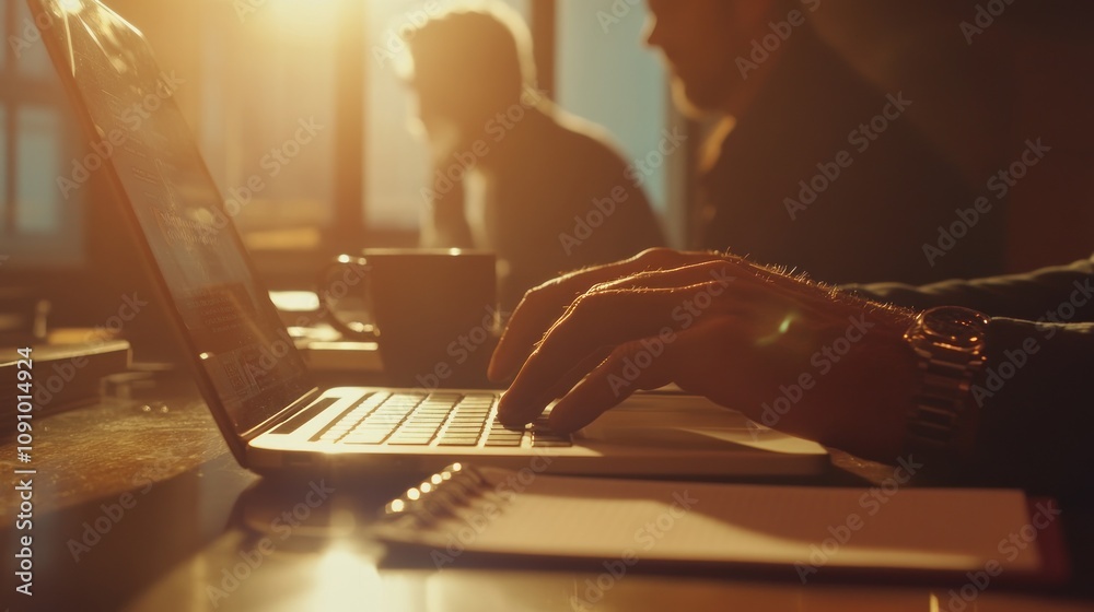 Poster a person typing on a laptop with a notebook and coffee in a warm, sunlit environment.