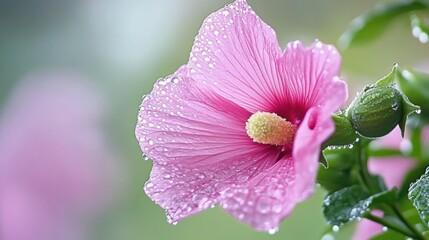 Obraz premium close-up of a dew-covered flower in a morning meadow, vibrant colors, soft bokeh in the background, peaceful and idyllic atmosphere