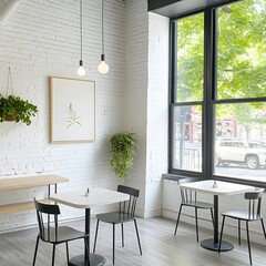 Fototapeta premium A cozy minimal cafe with white brick walls, greenery accents, and clean, geometric furniture.