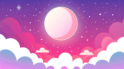 Fototapeta premium White clouds, a pink and purple sky background with a moon and stars, a soft, dreamy atmosphere, in a cartoon style, a watercolor painting, cute and adorable
