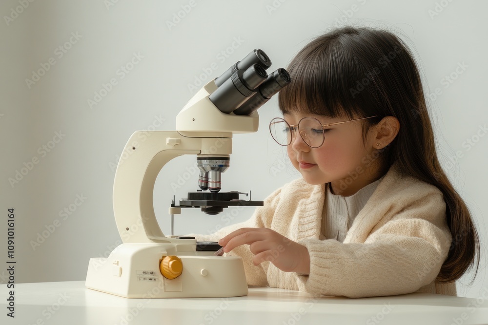 Poster A child examines a microscope, exploring science and curiosity.