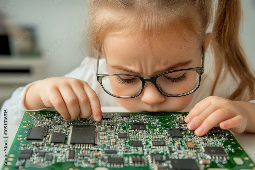 Poster a child examines a circuit board with curiosity and concentration.