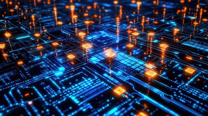 Obraz premium A glowing artificial neuron network with binary codes forming intricate pathways, simulating data transmission in a microchip.