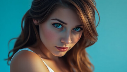 Naklejka premium Model with Long Brown Hair and Blue Eyes in a White Tank Top, Posing for a Photoshoot in the Studio
