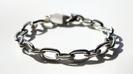 Fototapeta premium A polished silver chain bracelet with a lobster clasp shines against a neutral background, casting soft shadows and highlighting its elegant design.