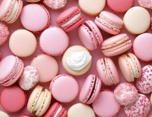 Fototapeta premium Colorful assortment of pink macarons displayed on a pastel background