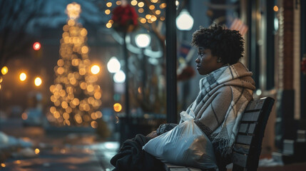 Obraz premium African America homeless woman sitting on a winter street, amidst holiday decorations, contrast between joyous festivities and their reality. Poverty, resilience, and the spirit of holiday season