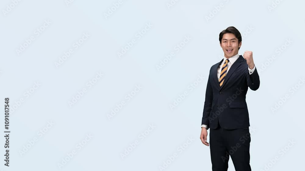 Poster ビジネスパーソン、ガッツポーズ、ビジネスマン、元気、やる気、チャレンジ、挑戦、満足、ポジティブ、笑顔、充実、やりがい、モチベーション、がんばる、努力、ファイティン、エキサイティング、応援、興奮、合格、達成、目標、サクセス、成功、仕事、サラリーマン、セールスマン、会社員、ビジネス、パワフル、営業、人材、プロフェッショナル、働く、切り抜き、コピースペース、60p、120p、スローモーション、サポート、