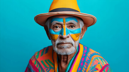 Studio portrait of a senior indigenous man wearing a vibrant poncho, a stylish hat, and traditional andean face paint against a vivid blue backdrop, celebrating cultural heritage and identity