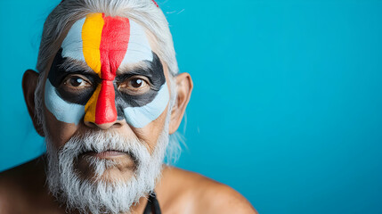 Fototapeta premium Close up portrait of a senior indigenous man showcasing vibrant and symbolic face paint, representing the rich cultural heritage of the andean region, against a bright blue backdrop