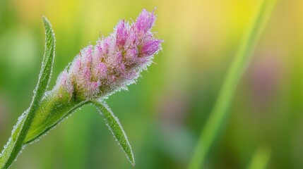 Fototapeta premium close-up of a dew-covered flower in a morning meadow, vibrant colors, soft bokeh in the background, peaceful and idyllic atmosphere