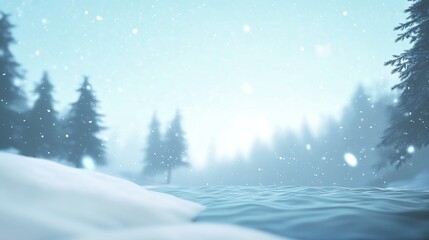 Snowfall blankets a serene landscape with evergreen trees and a bright blue sky