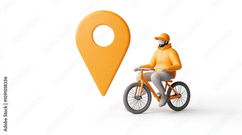 Poster a 3d illustration of a cyclist with a location pin, symbolizing delivery or navigation.
