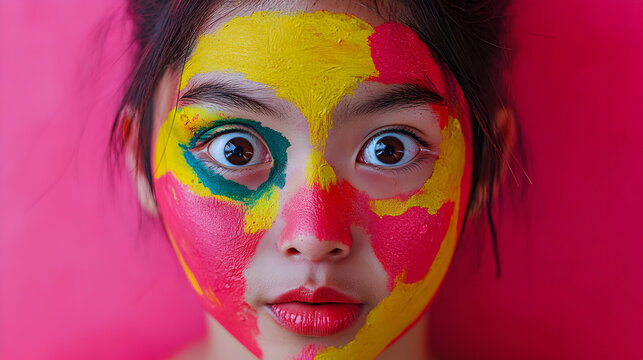 Young girl with colorful face paint looking surprised at the vibrant boryeong mud festival in south korea captured in a close up shot