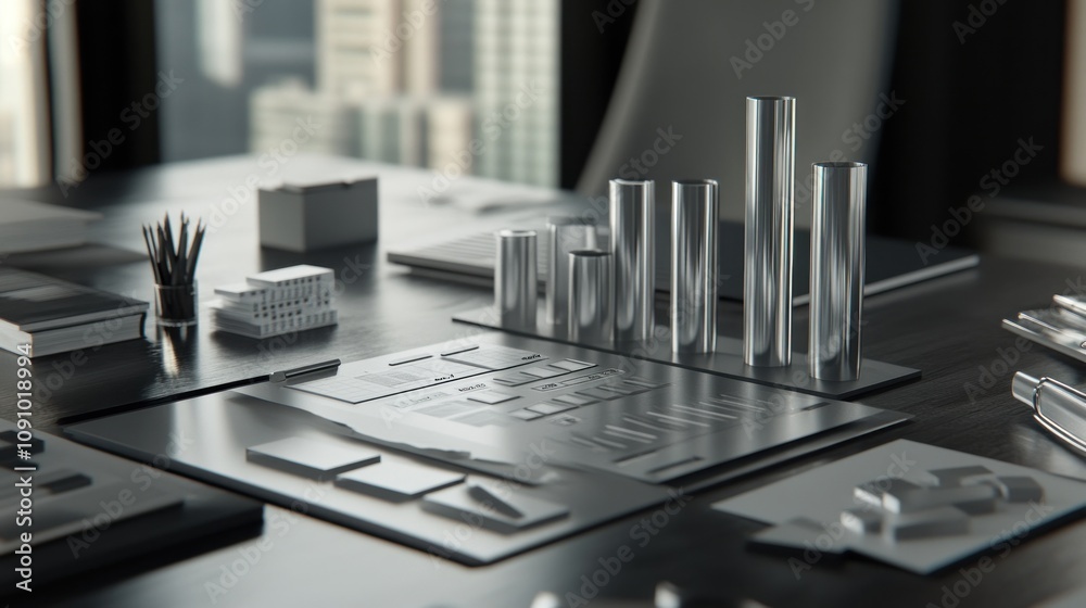Poster A modern workspace featuring architectural models and design tools.