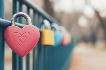 Heart shaped padlock hangs on a fence in a park symbolizing love and unity in springtime light